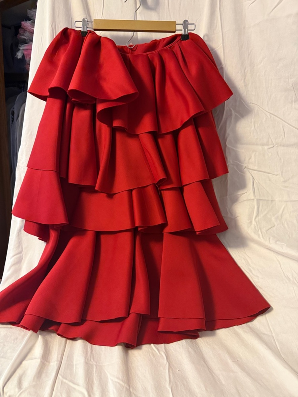 Red Tiered Ruffle Midi Skirt. One shoulder